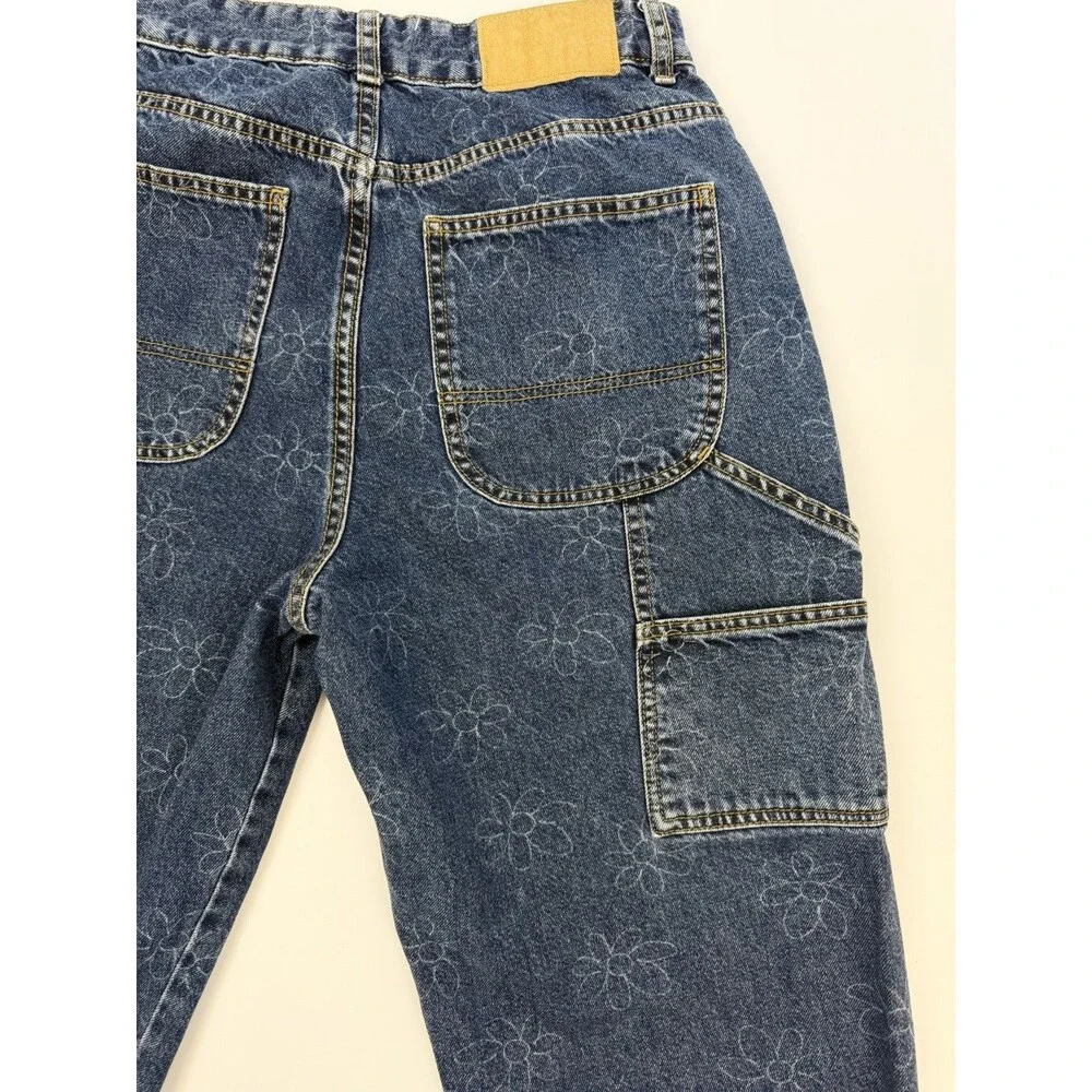 Cotton On Floral Carpenter Jeans Size 8 Blue Wide Leg Cargo Pants High Rise - Picture 7 of 13